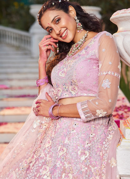Aari Work Satin Pink Lehenga - L3359