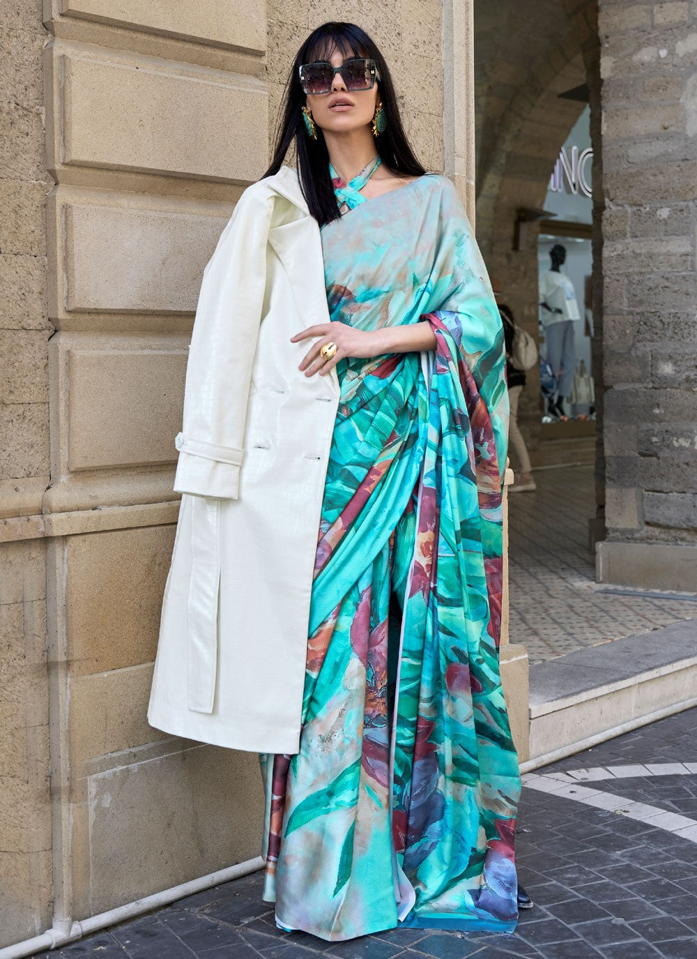 Classic Digital Print Faux Crepe, Satin Saree - S4169