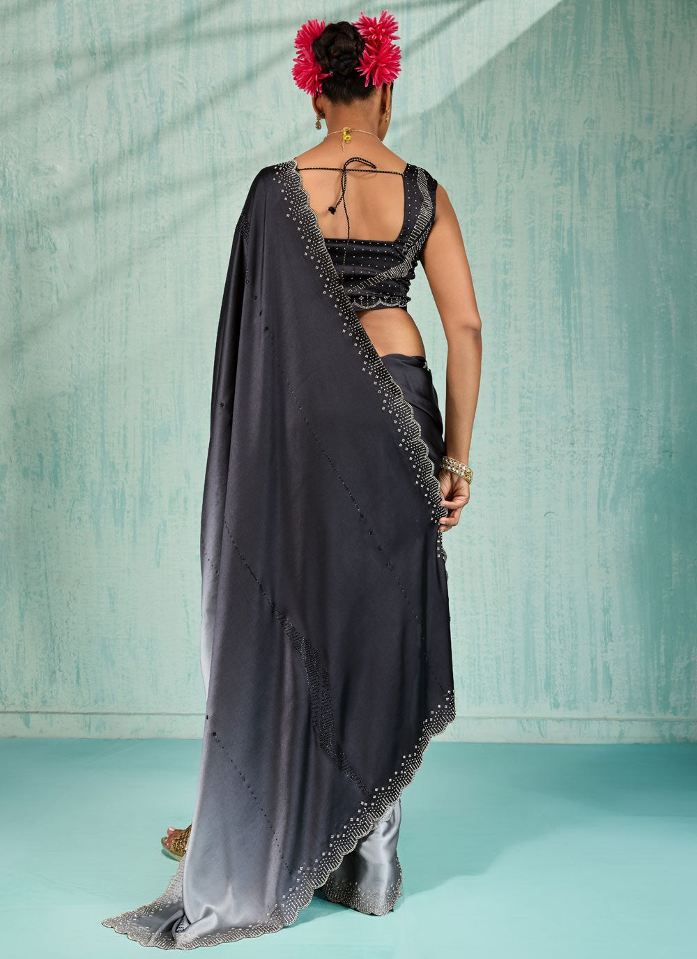Black Satin Contemporary Saree Border Work, Cut Work, Swarovski S17749