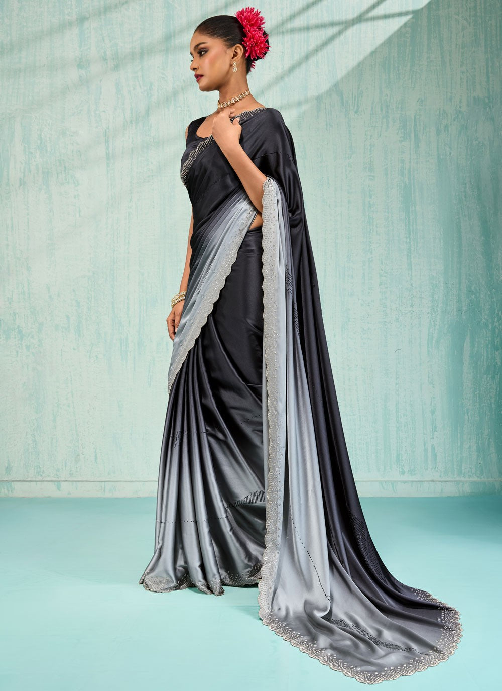 Black Satin Contemporary Saree Border Work, Cut Work, Swarovski S17749