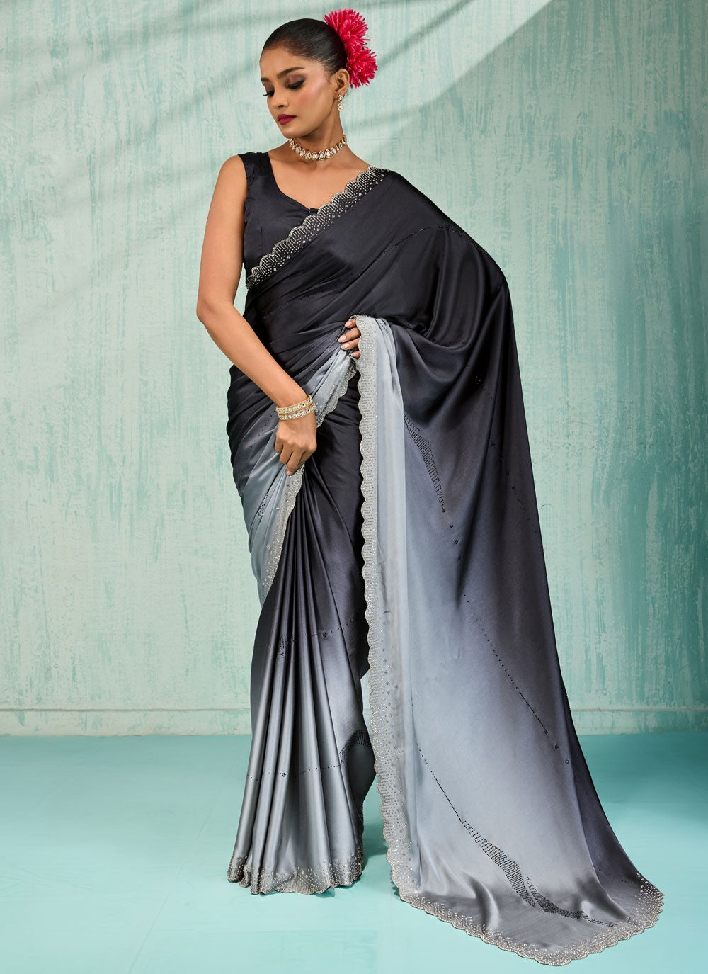 Black Satin Contemporary Saree Border Work, Cut Work, Swarovski S17749