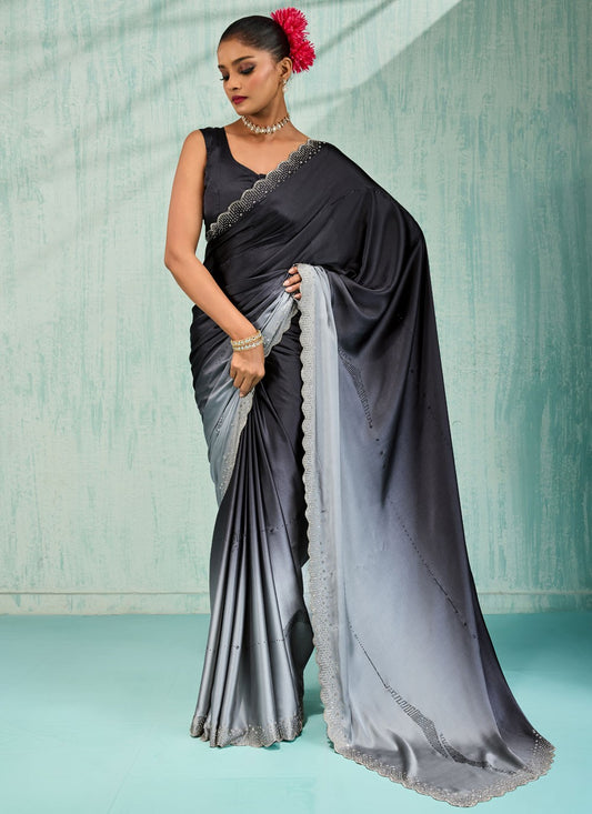 Black Satin Contemporary Saree Border Work, Cut Work, Swarovski S17749