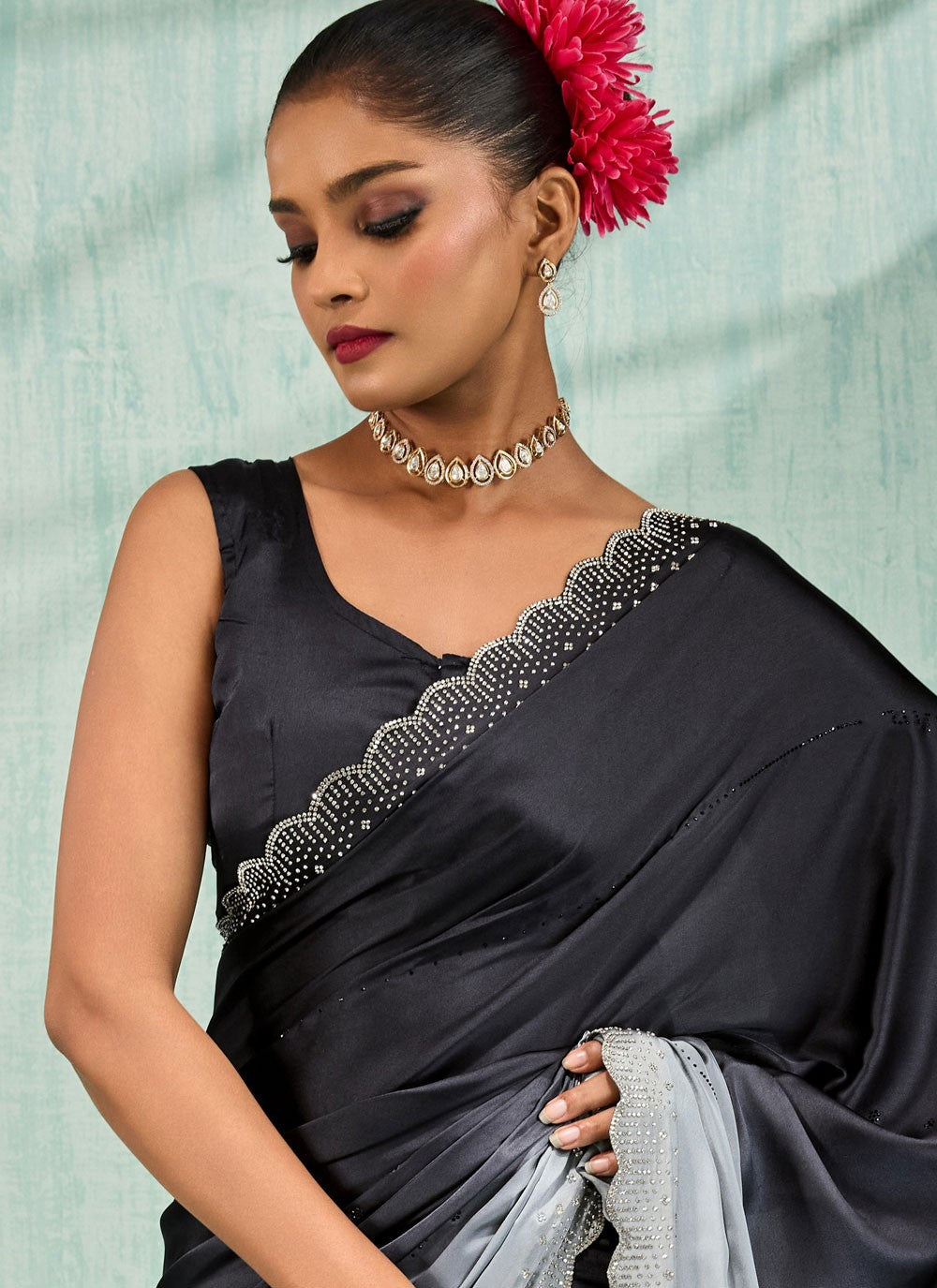 Black Satin Contemporary Saree Border Work, Cut Work, Swarovski S17749