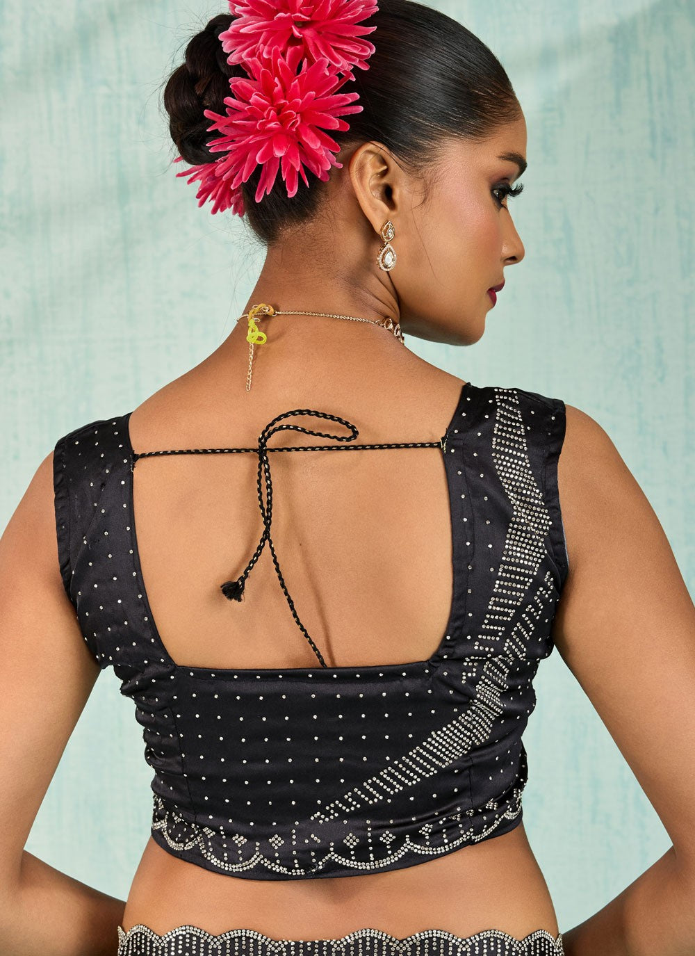 Black Satin Contemporary Saree Border Work, Cut Work, Swarovski S17749