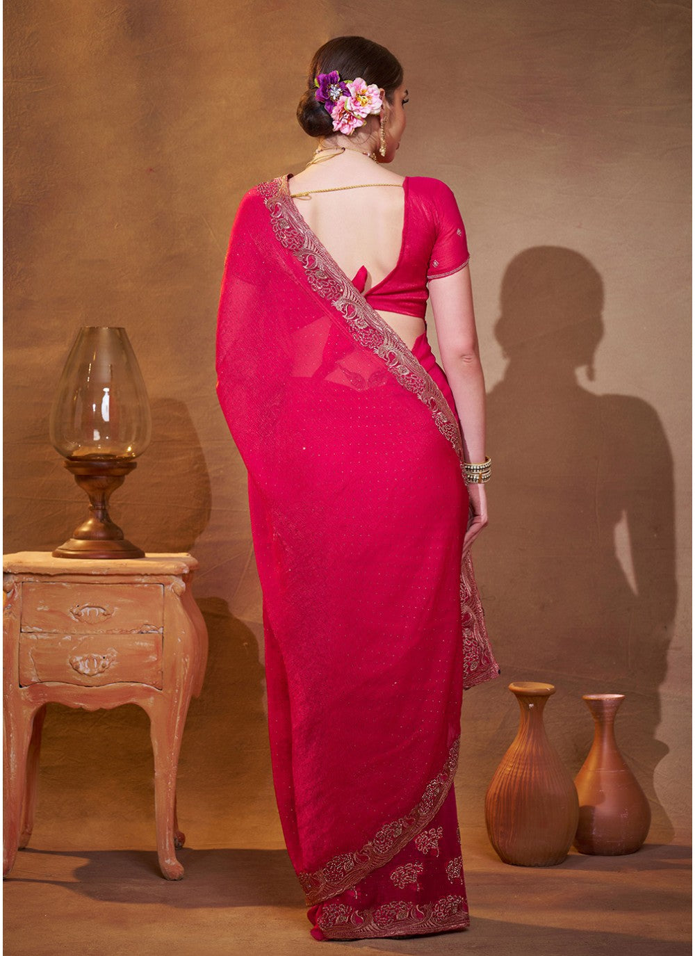 Embroidered Satin Pink Saree S14468