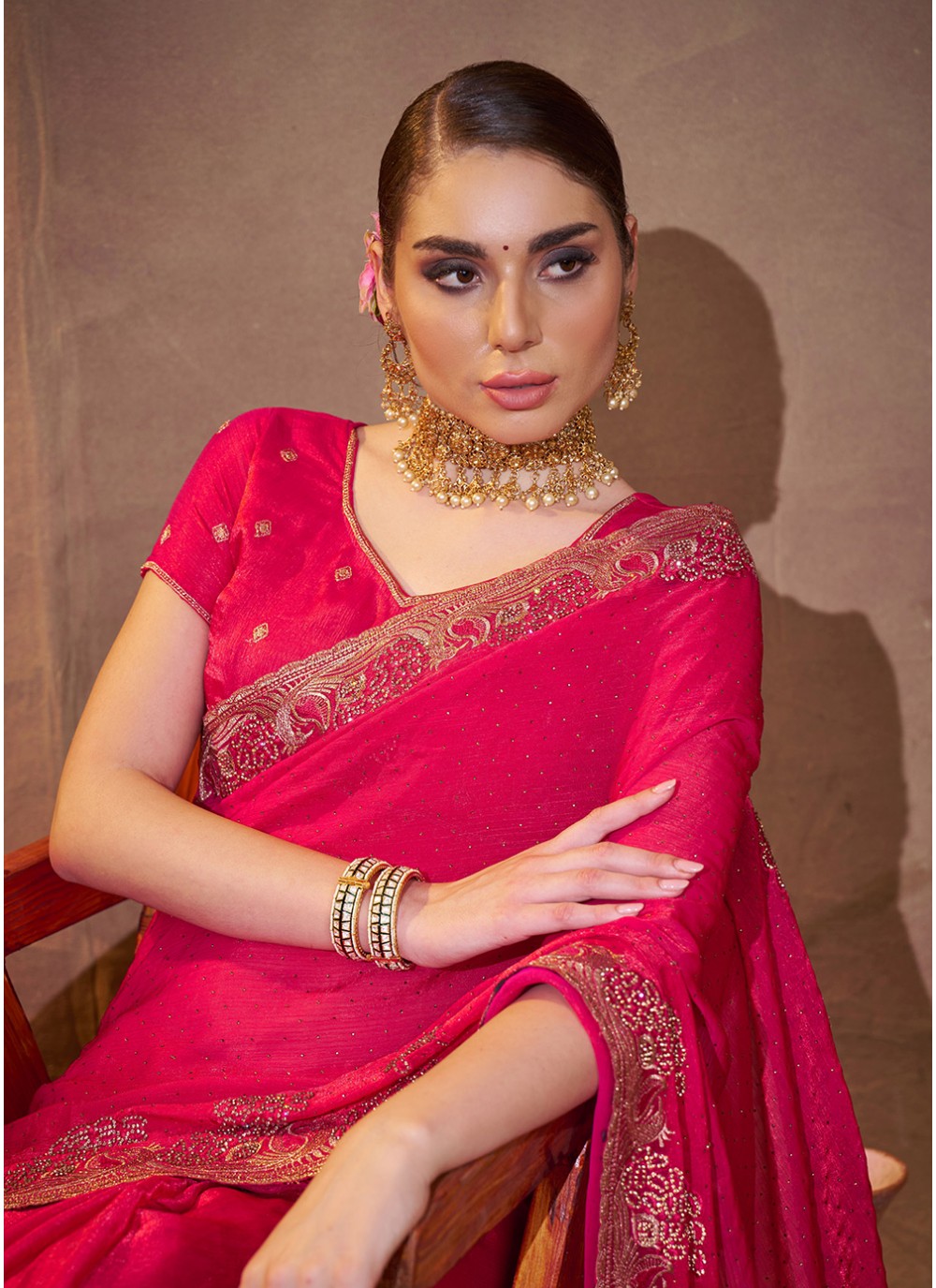 Embroidered Satin Pink Saree S14468