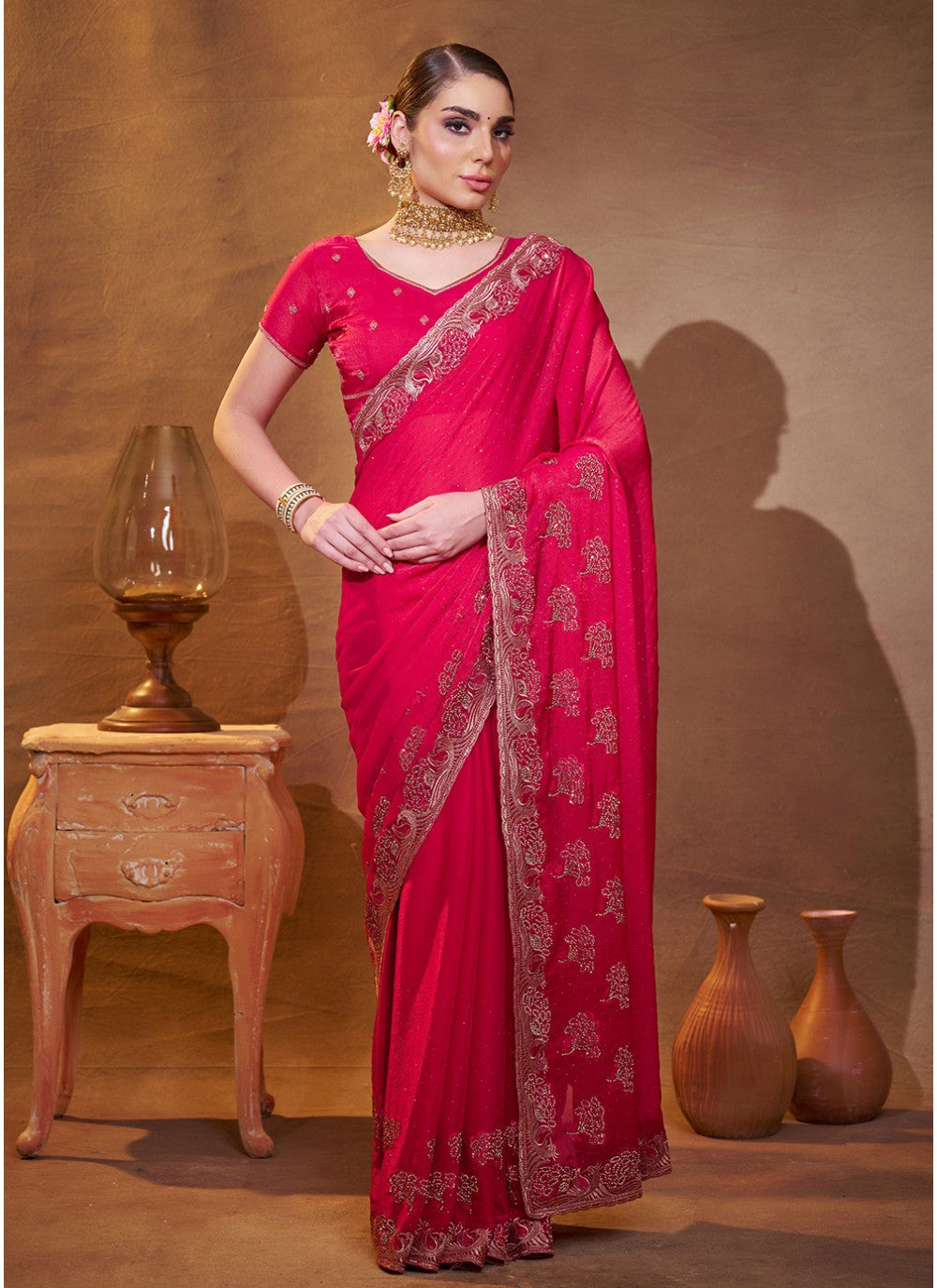 Embroidered Satin Pink Saree S14468