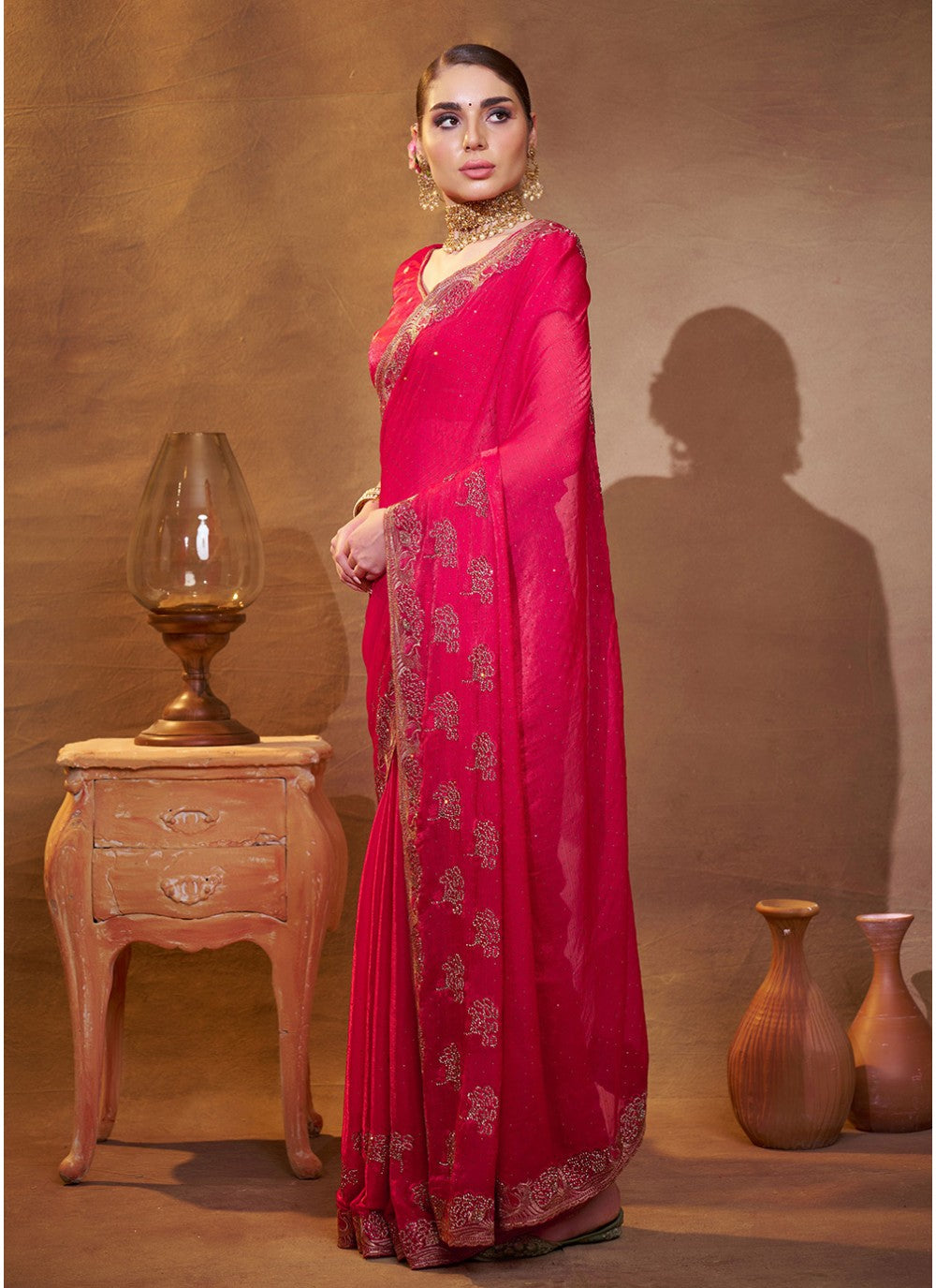 Embroidered Satin Pink Saree S14468