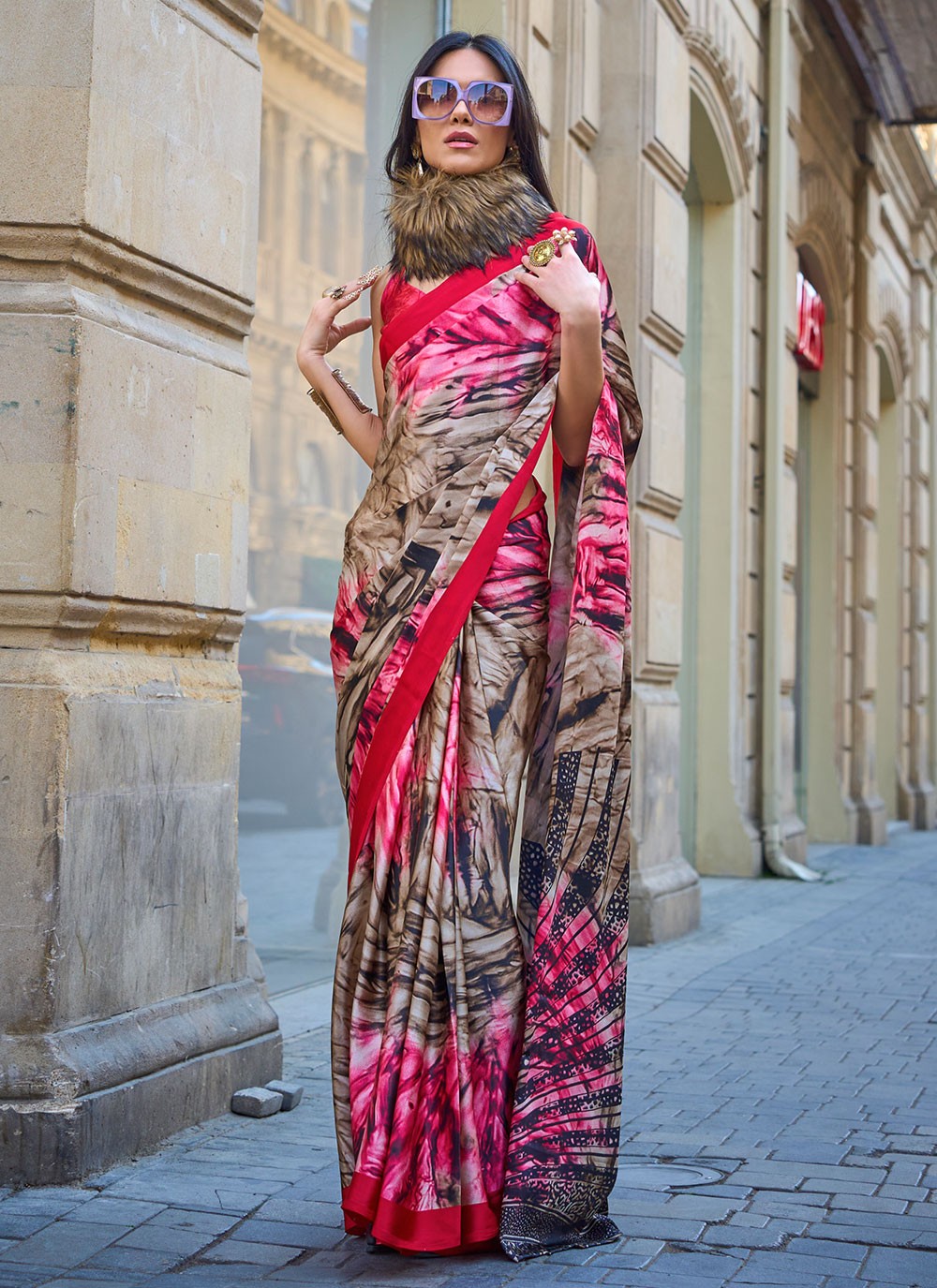 Classic Printed Faux Crepe, Satin Saree - S6040