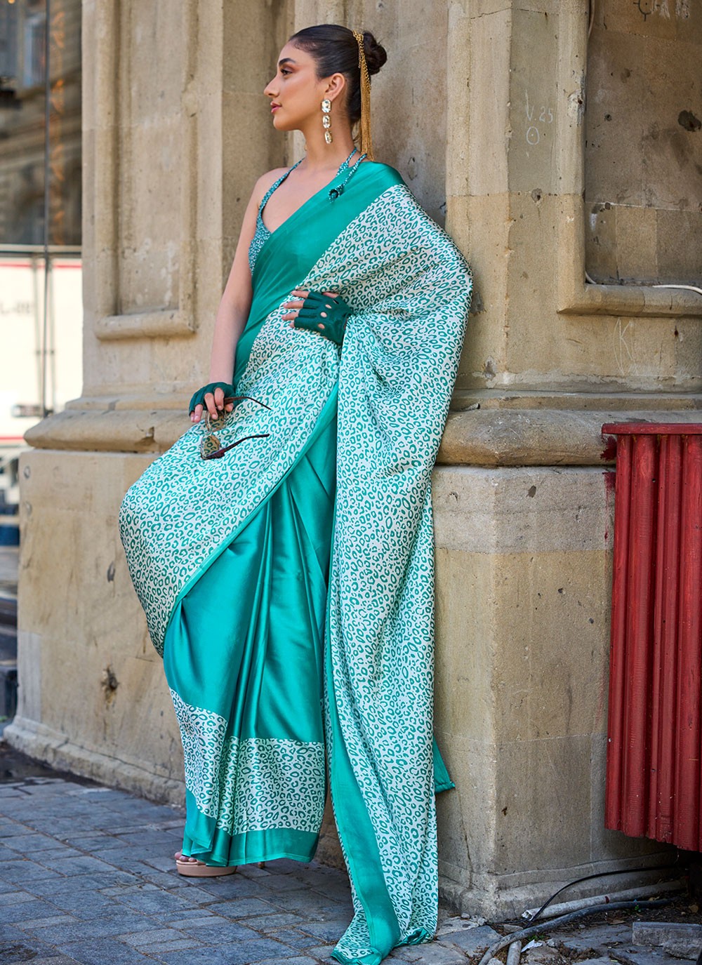 Classic Printed Faux Crepe, Satin Saree - S6040