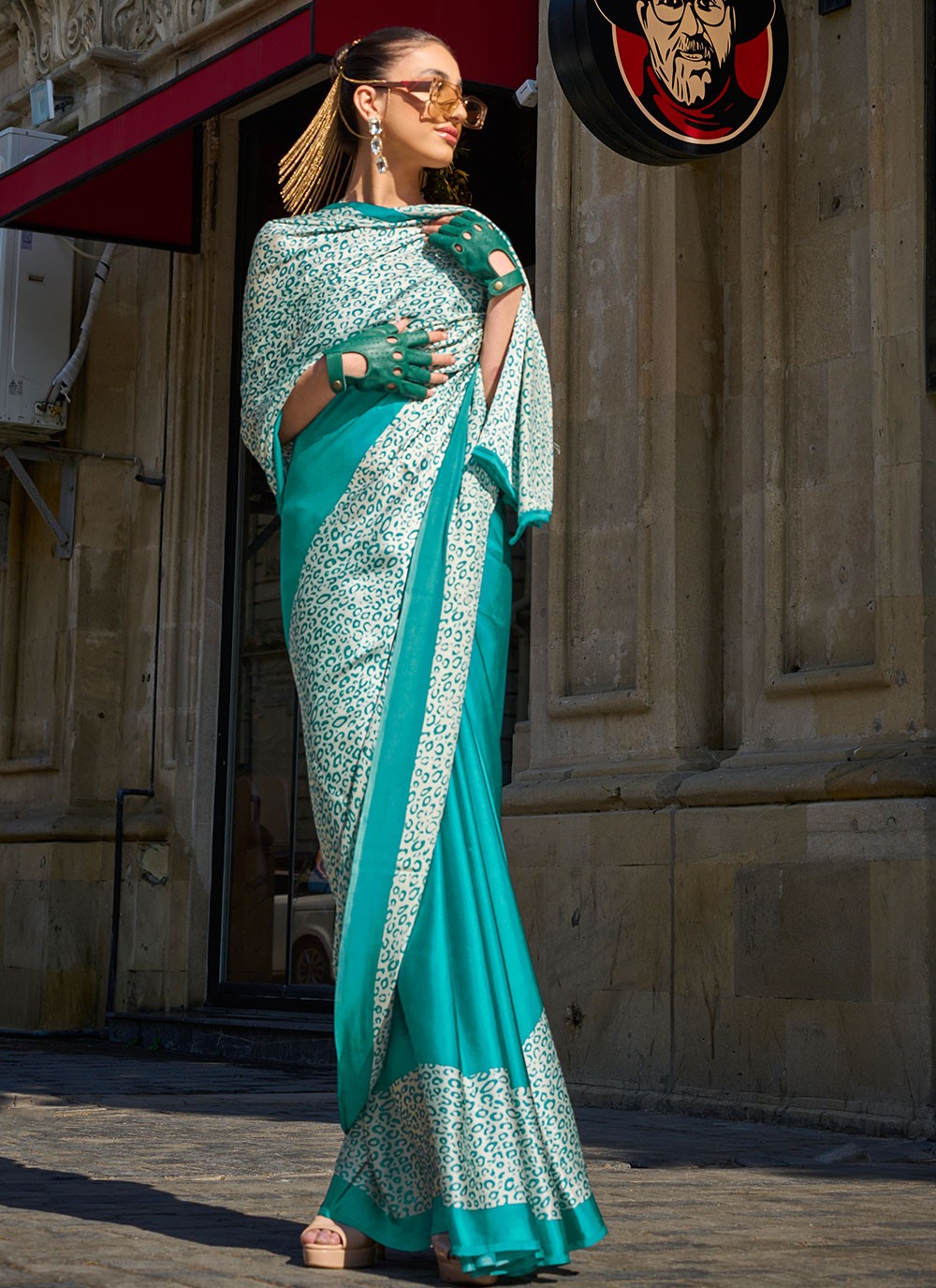 Classic Printed Faux Crepe, Satin Saree - S6040