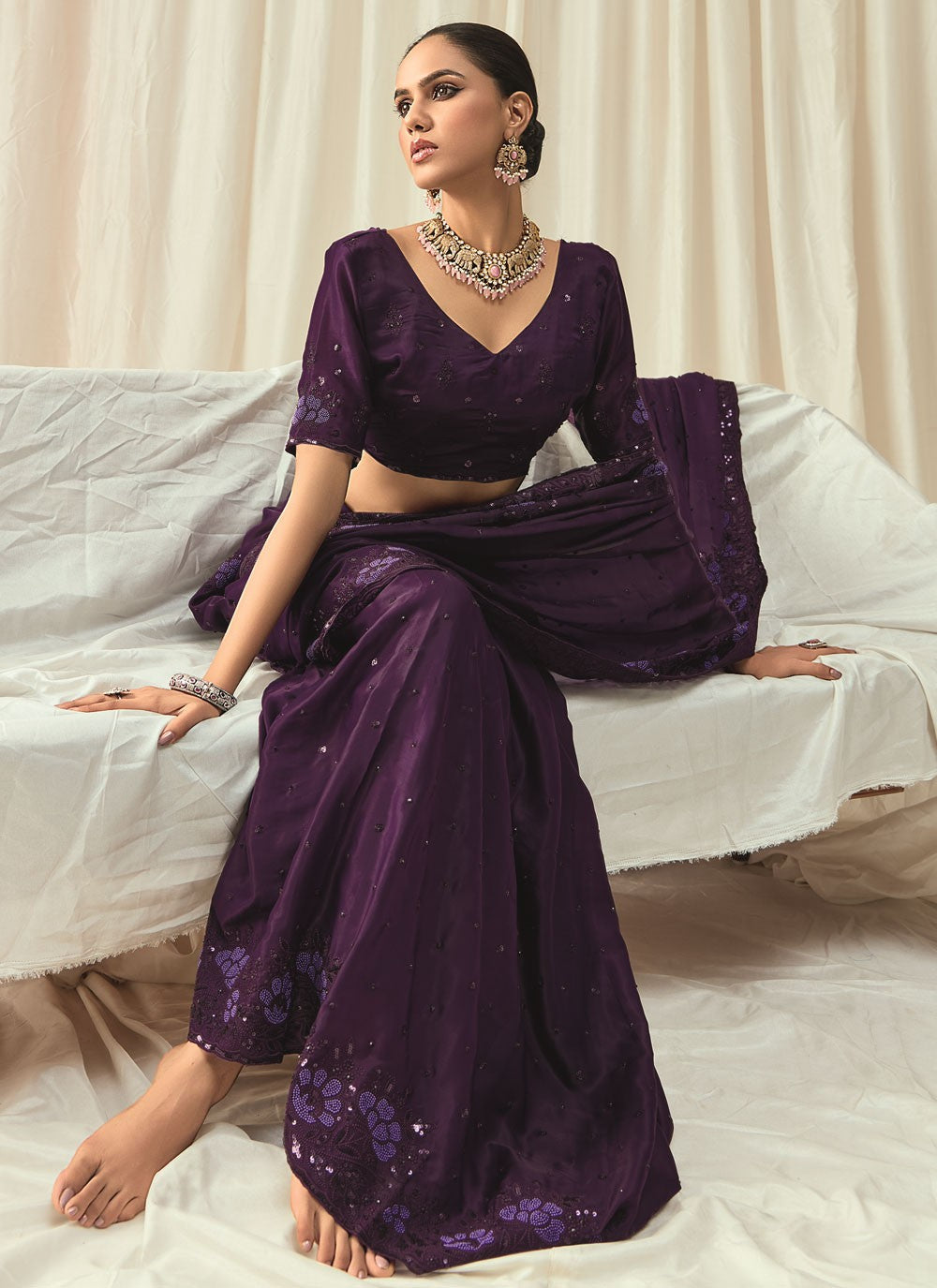 Purple Satin Contemporary Saree Beads, Embroidered, Floral Printed, Sequins, Thread S18817