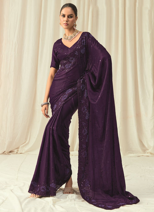 Purple Satin Contemporary Saree Beads, Embroidered, Floral Printed, Sequins, Thread S18817