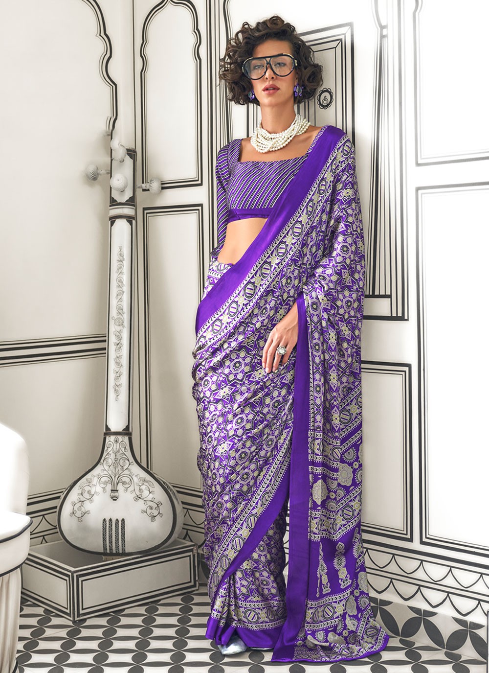 Classic Printed Crepe Silk, Satin Saree - S6780