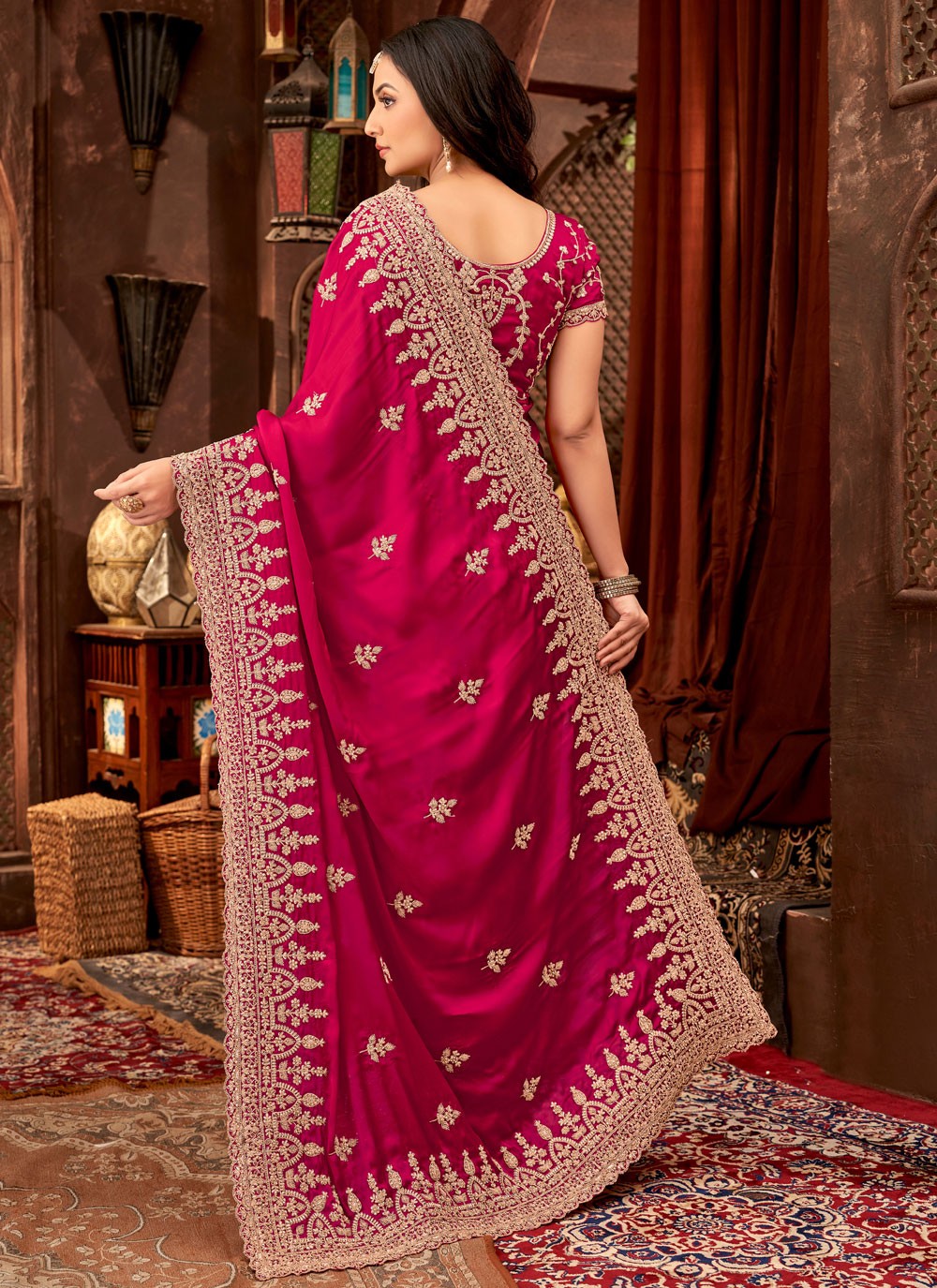 Hot Pink Satin Designer Saree Border Work, Cut Work, Embroidered, Stones, Zari S15888