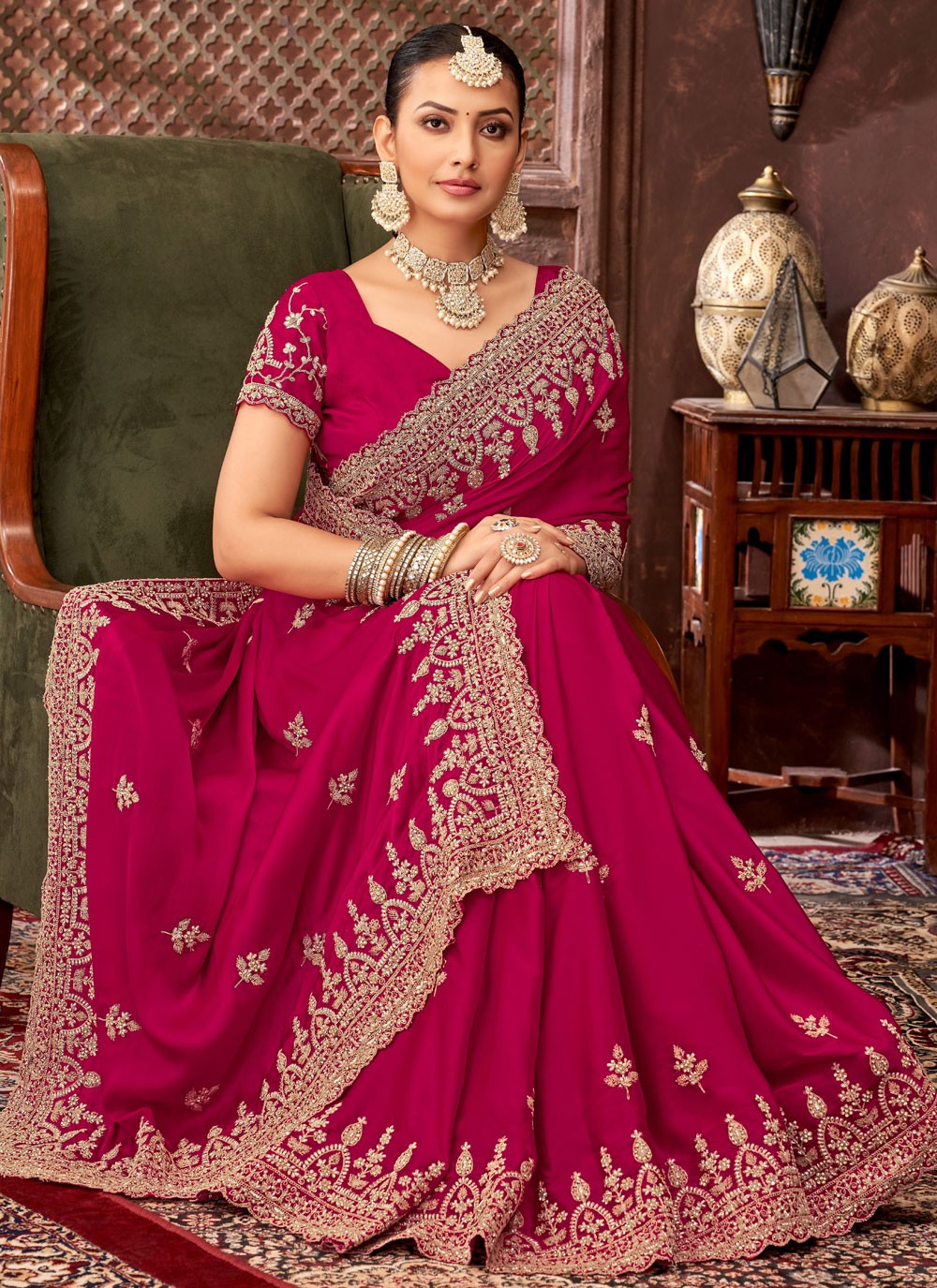 Hot Pink Satin Designer Saree Border Work, Cut Work, Embroidered, Stones, Zari S15888