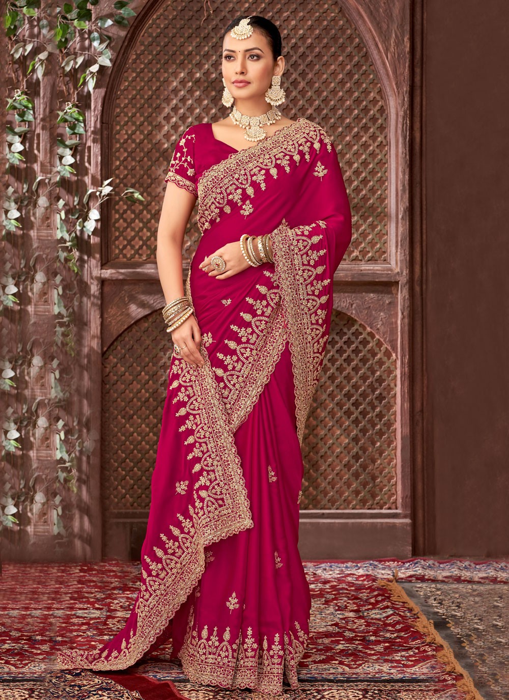Hot Pink Satin Designer Saree Border Work, Cut Work, Embroidered, Stones, Zari S15888