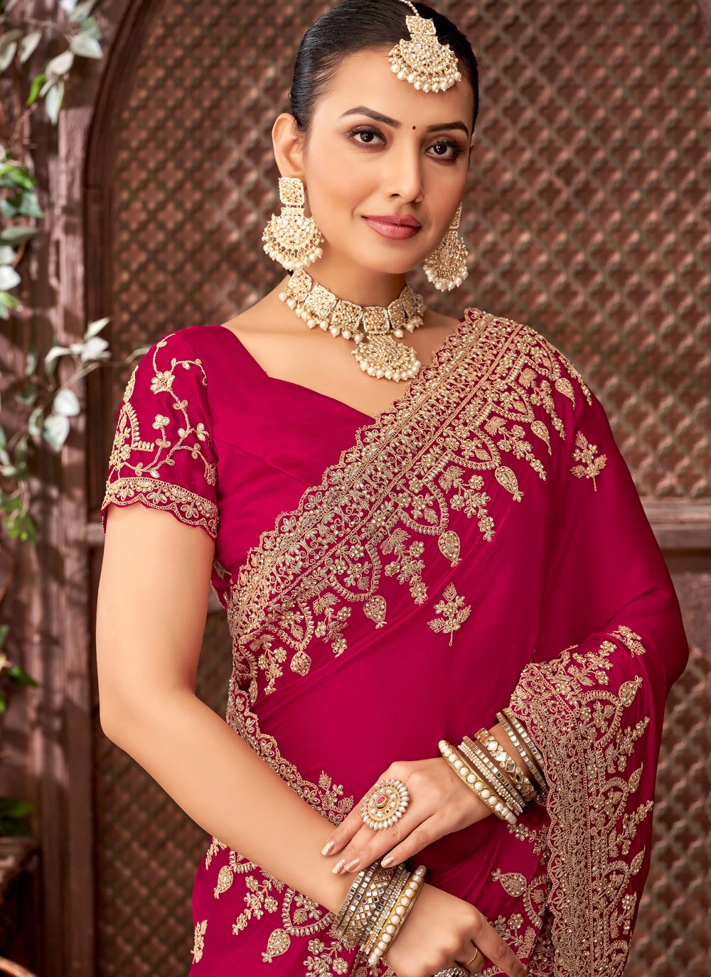 Hot Pink Satin Designer Saree Border Work, Cut Work, Embroidered, Stones, Zari S15888