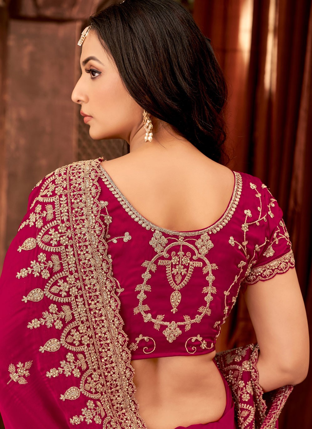 Hot Pink Satin Designer Saree Border Work, Cut Work, Embroidered, Stones, Zari S15888