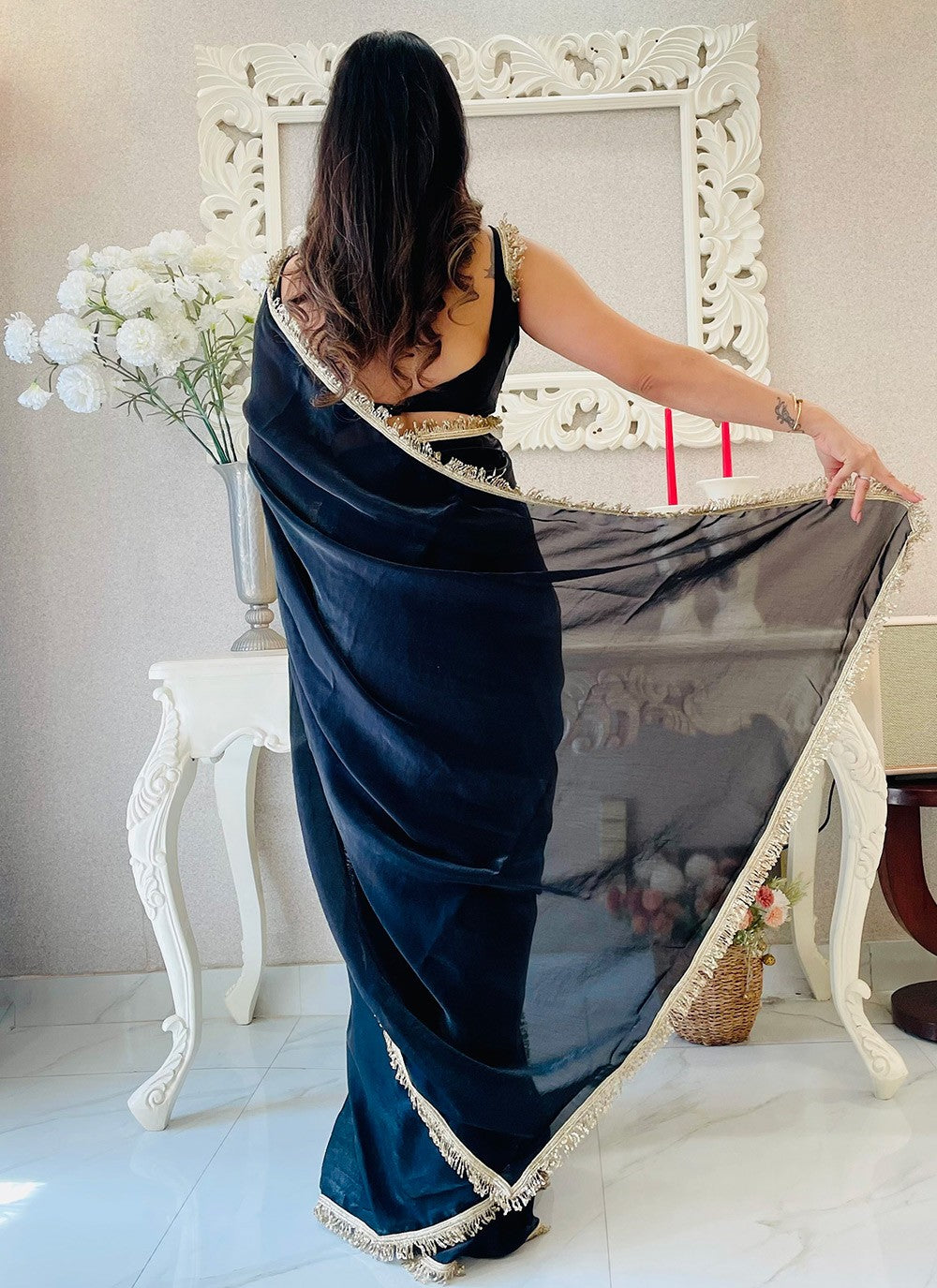 Embroidered Satin Black Contemporary Saree S15215