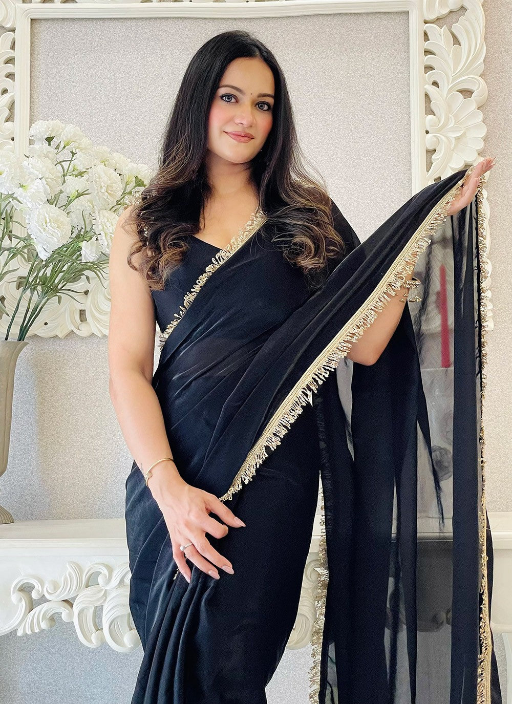 Embroidered Satin Black Contemporary Saree S15215