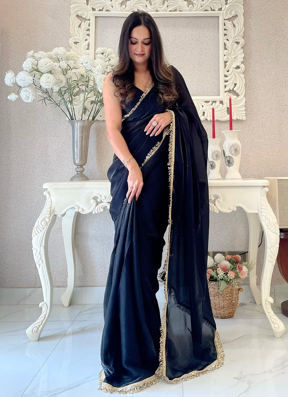 Embroidered Satin Black Contemporary Saree S15215