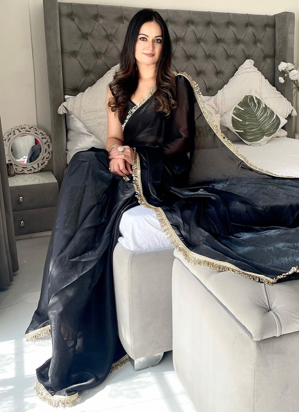 Embroidered Satin Black Contemporary Saree S15215