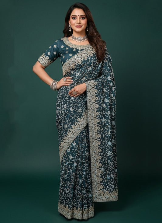 Teal Georgette Trendy Saree Aari Work, Embroidered S20261