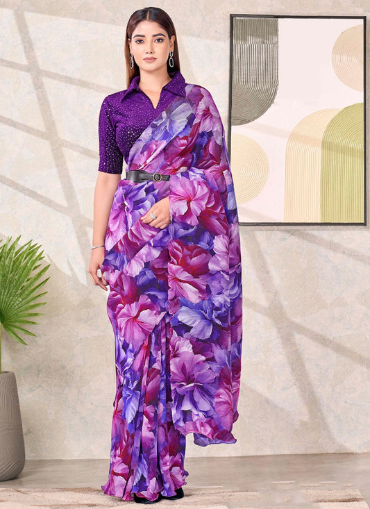 Purple Satin Silk Contemporary Saree Abstract Print S19174
