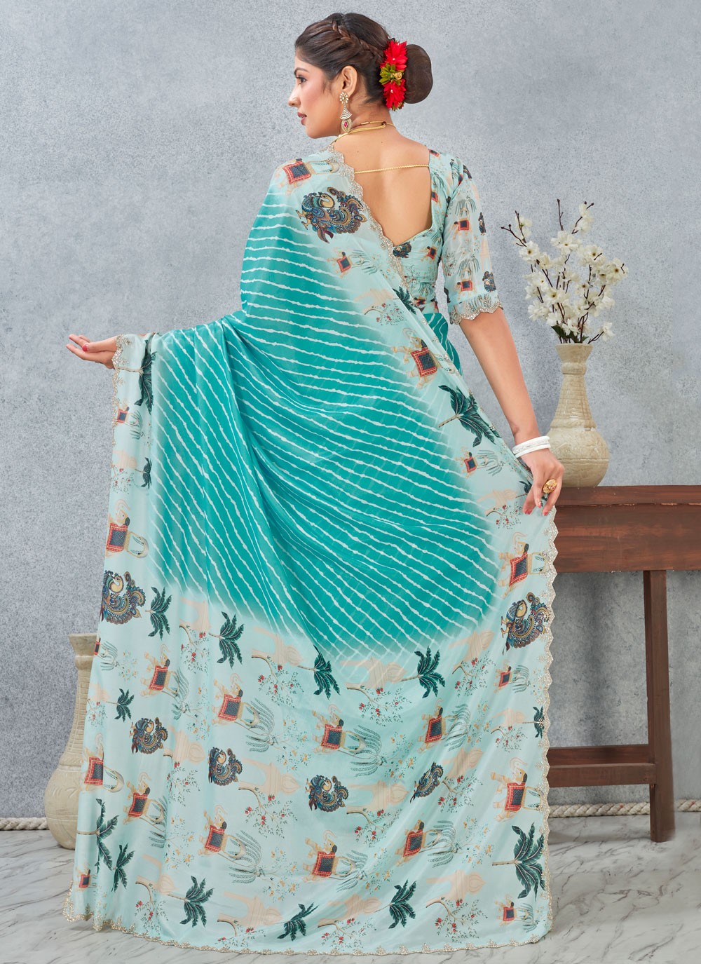 Aqua Blue Satin Silk Classic Saree Digital Print S20214