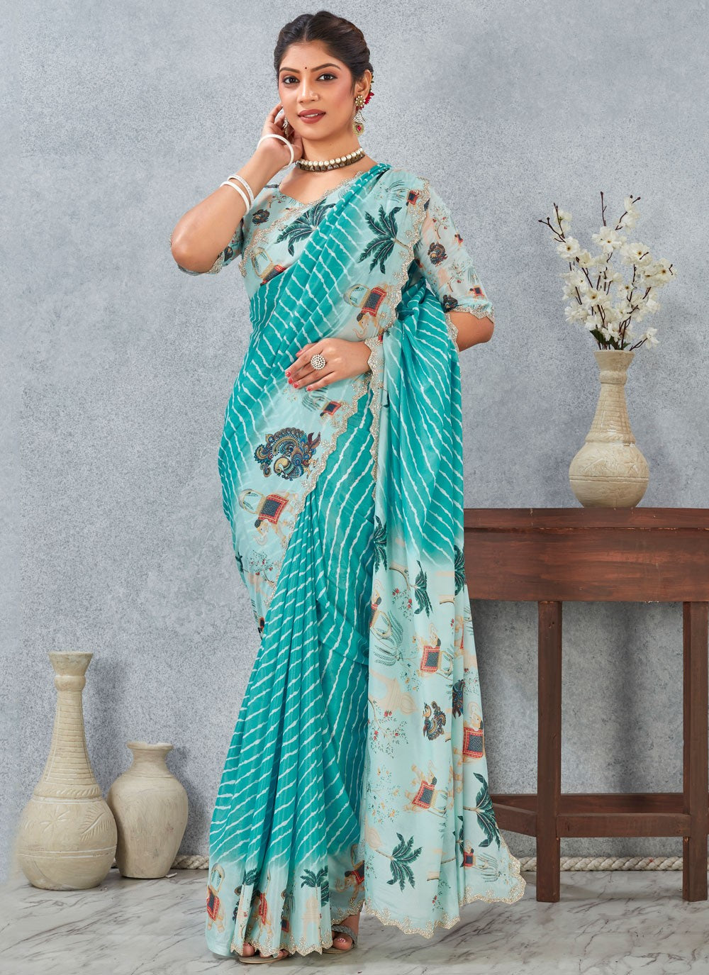 Aqua Blue Satin Silk Classic Saree Digital Print S20214