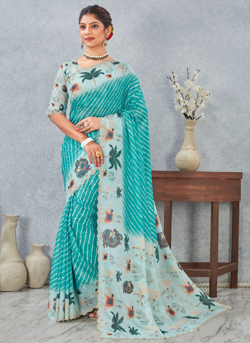 Aqua Blue Satin Silk Classic Saree Digital Print S20214