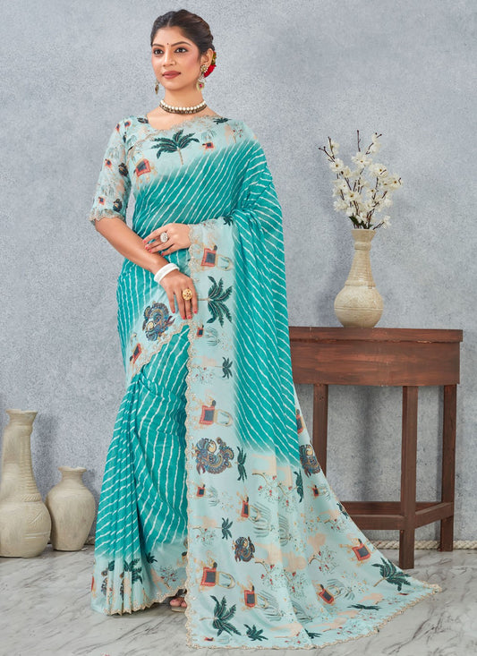 Aqua Blue Satin Silk Classic Saree Digital Print S20214