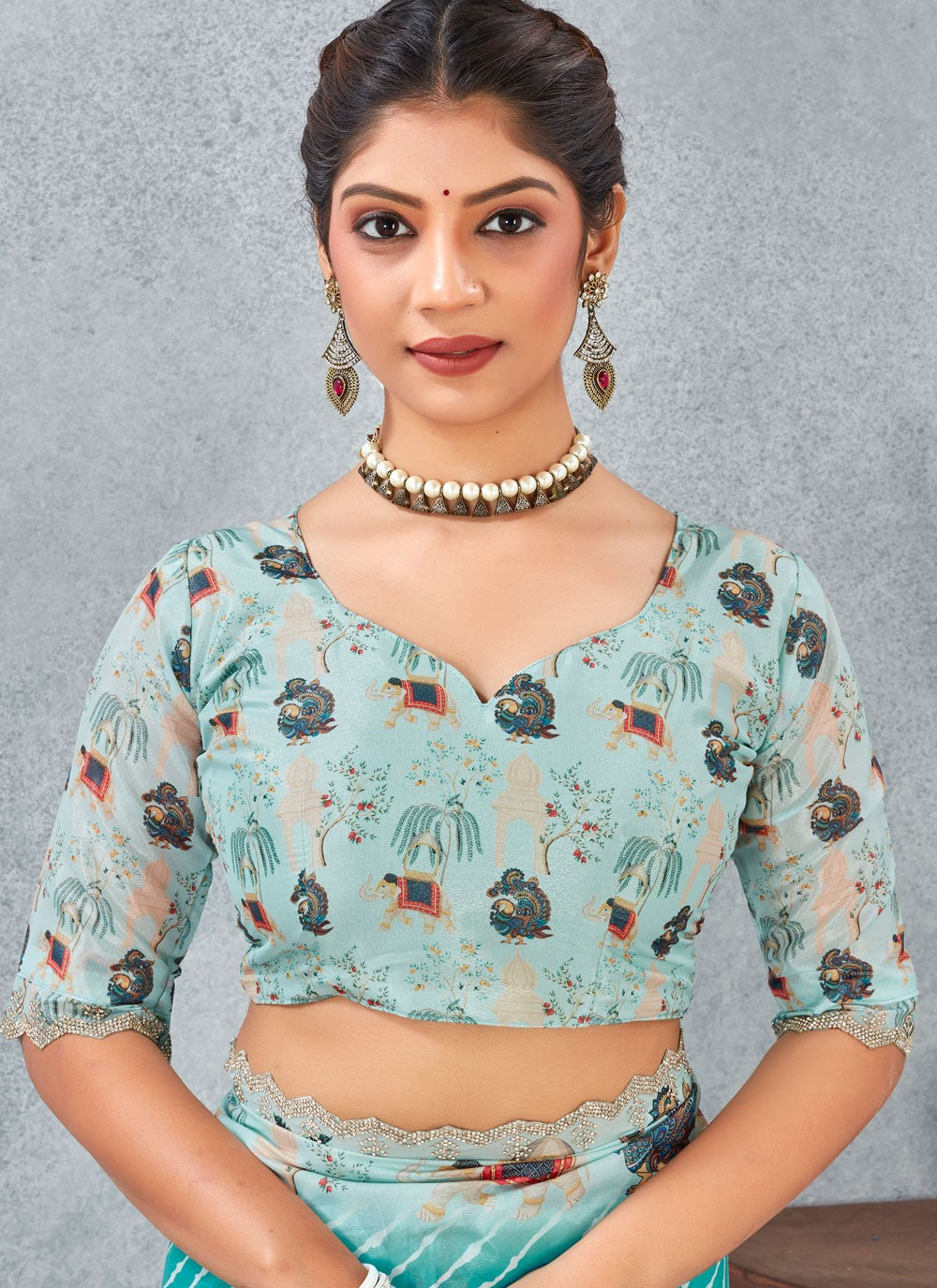 Aqua Blue Satin Silk Classic Saree Digital Print S20214