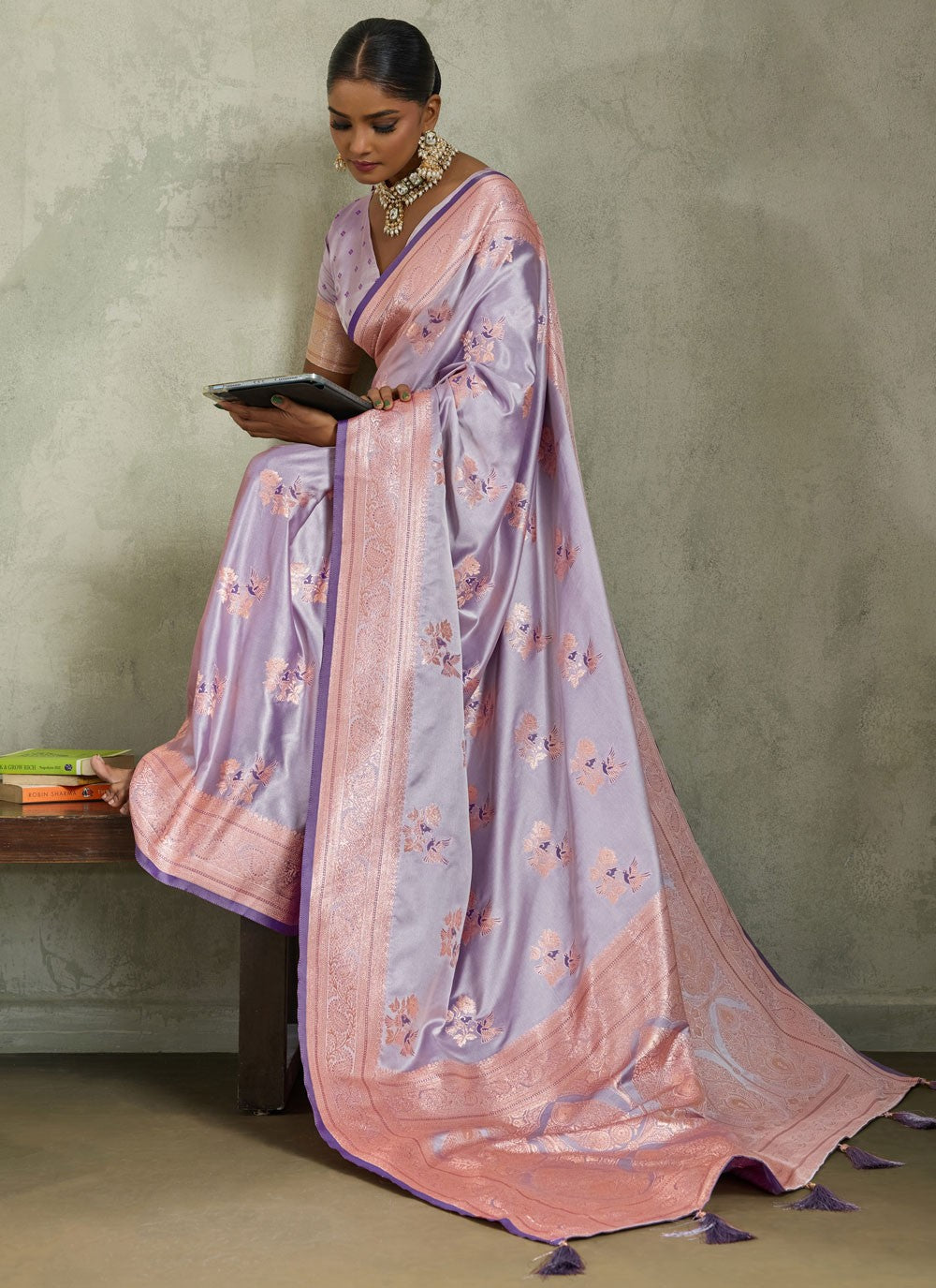 Lavender Satin Silk Trendy Saree Banarasi Jari, Border Work, Meenakari, Woven S19053
