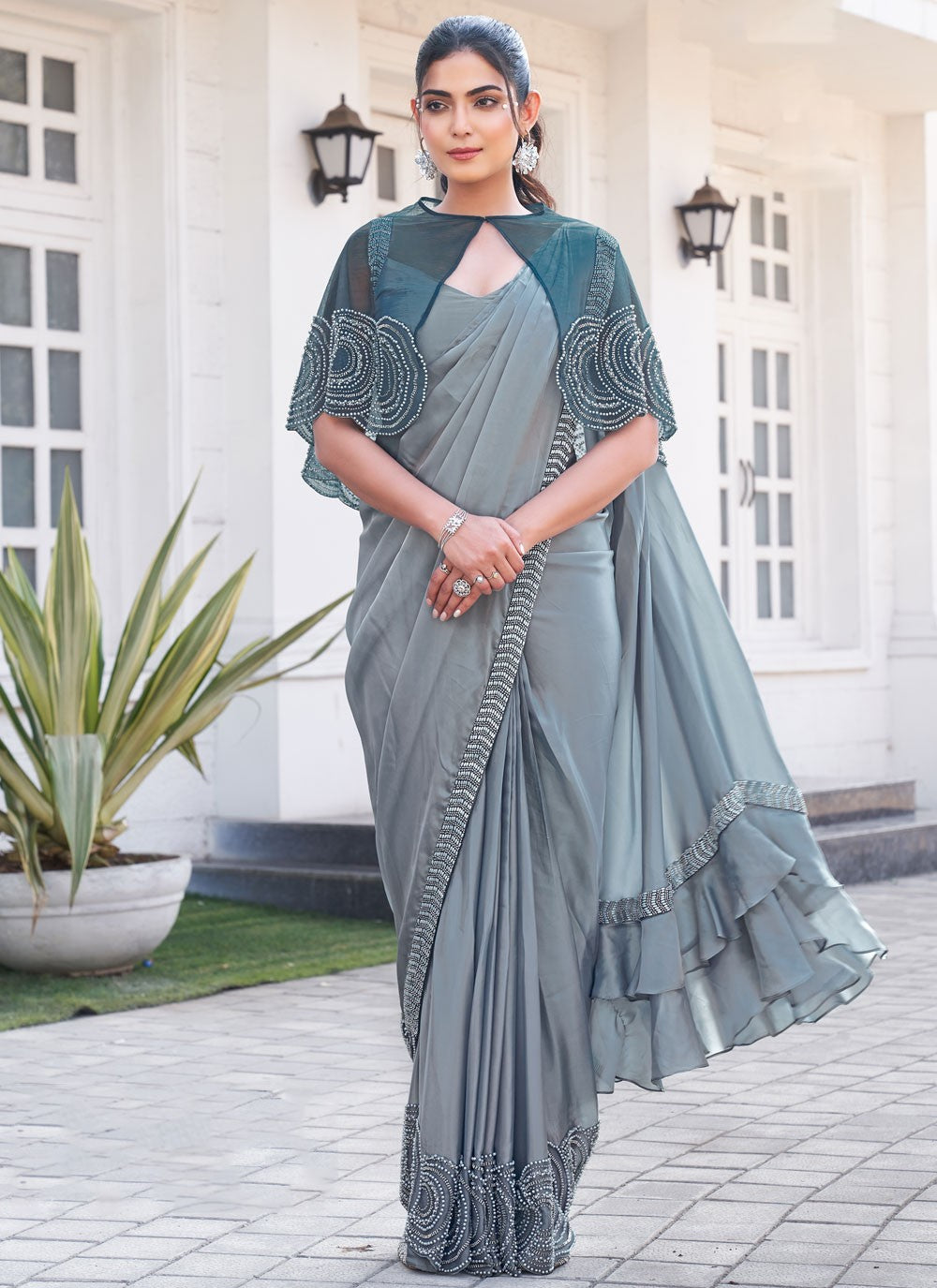 Traditional Beads Blue, Grey Satin Silk Saree S13379