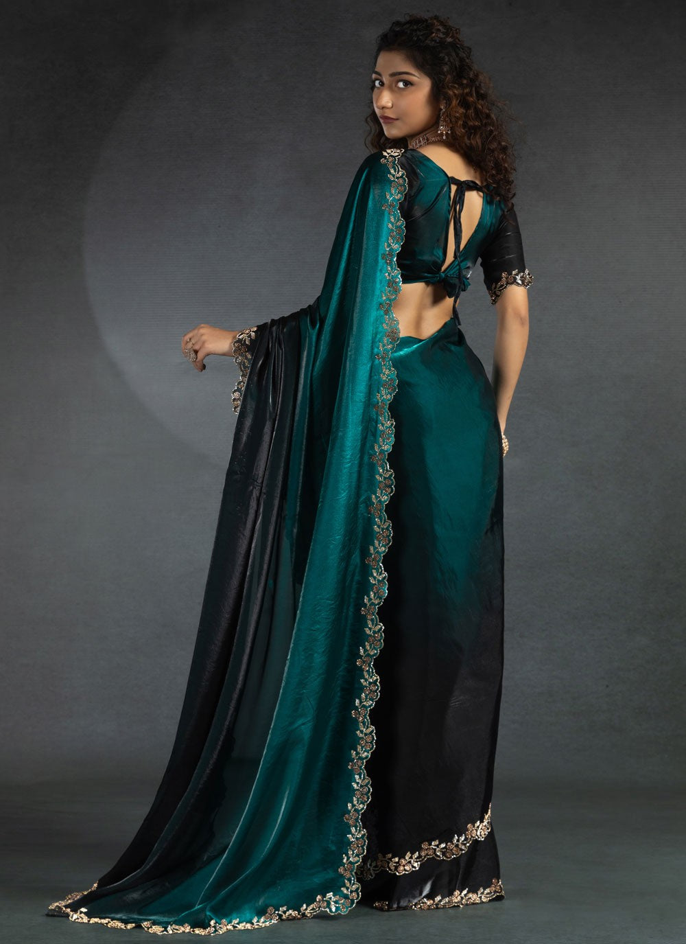 Border Work Satin Silk Teal Saree S14816