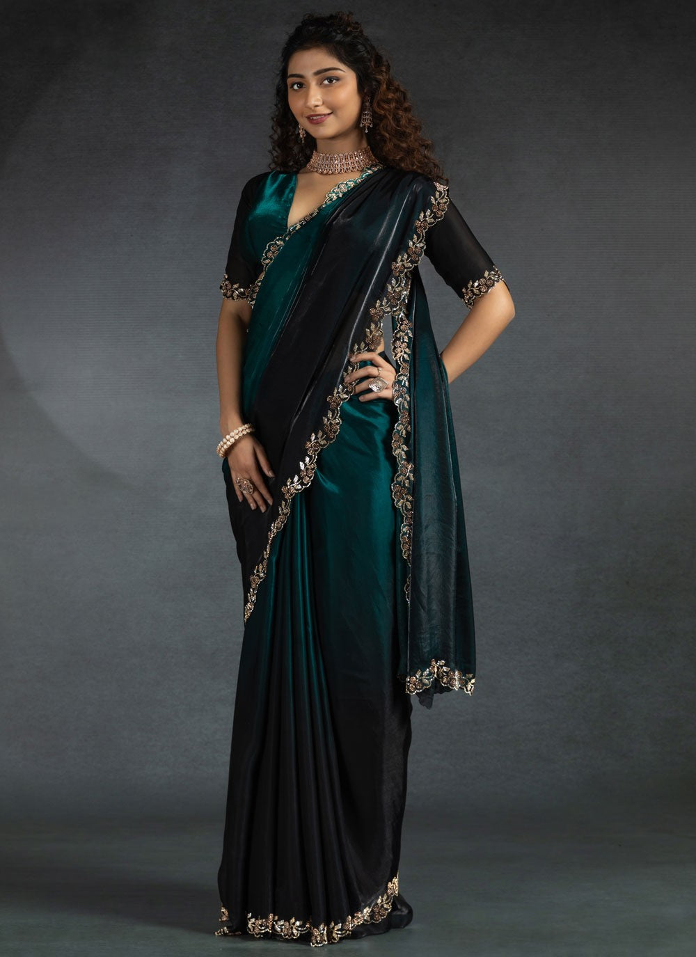 Border Work Satin Silk Teal Saree S14816