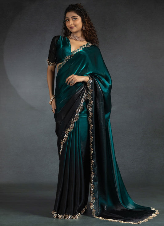 Border Work Satin Silk Teal Saree S14816