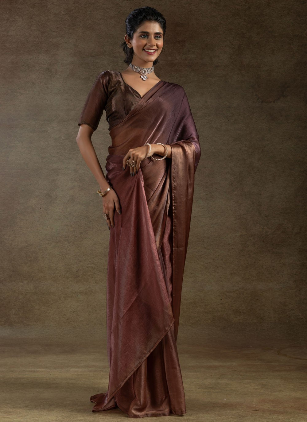 Plain Satin Silk Brown Classic Saree S15490