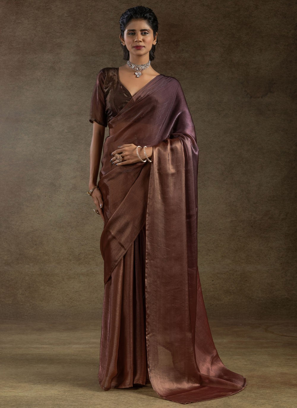 Plain Satin Silk Brown Classic Saree S15490