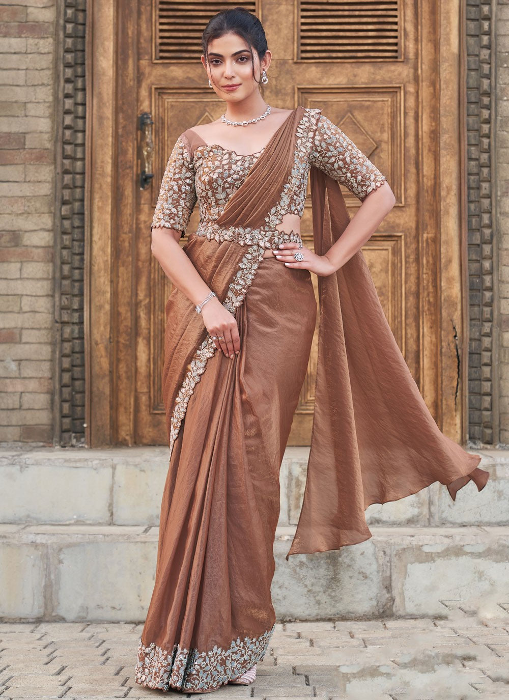 Sequins Satin Silk Brown Saree S14522