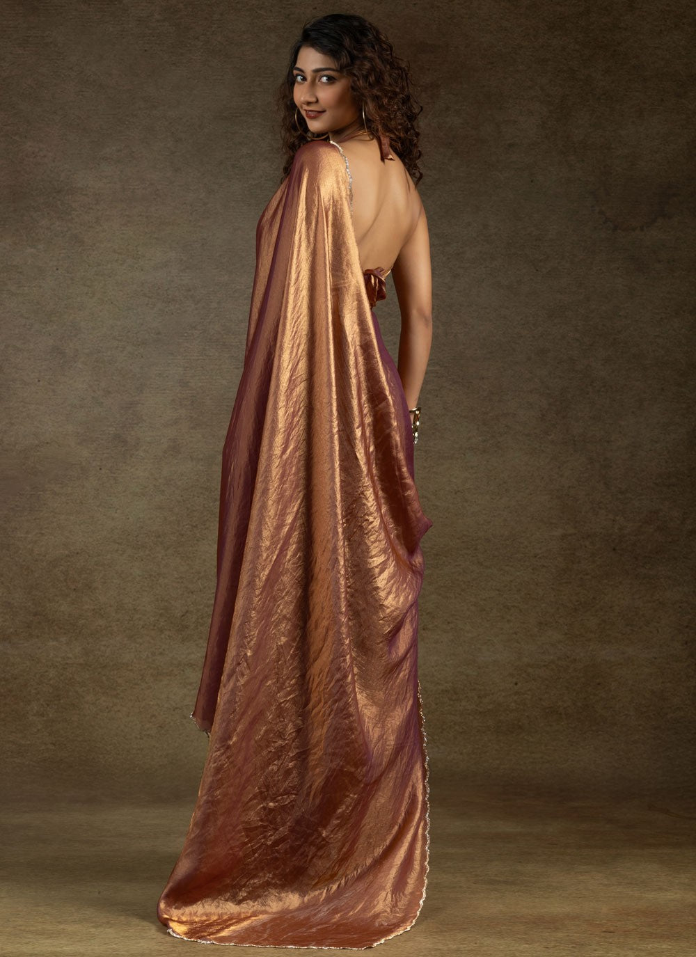 Cut Work Satin Silk Brown Classic Saree S15417