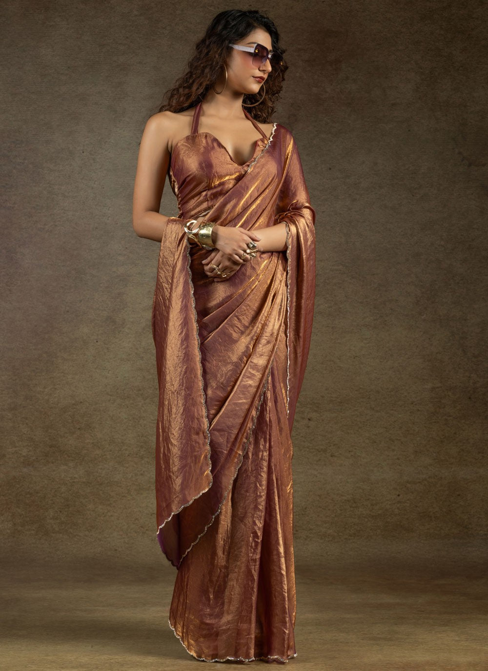 Cut Work Satin Silk Brown Classic Saree S15417