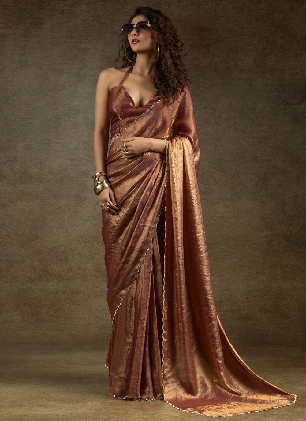 Cut Work Satin Silk Brown Classic Saree S15417