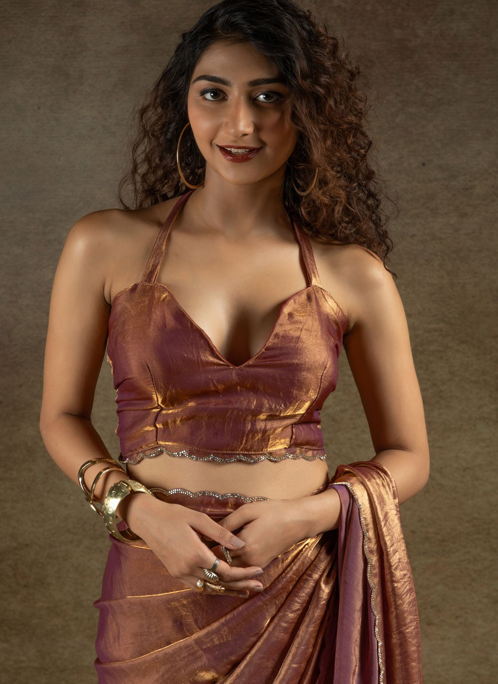 Cut Work Satin Silk Brown Classic Saree S15417