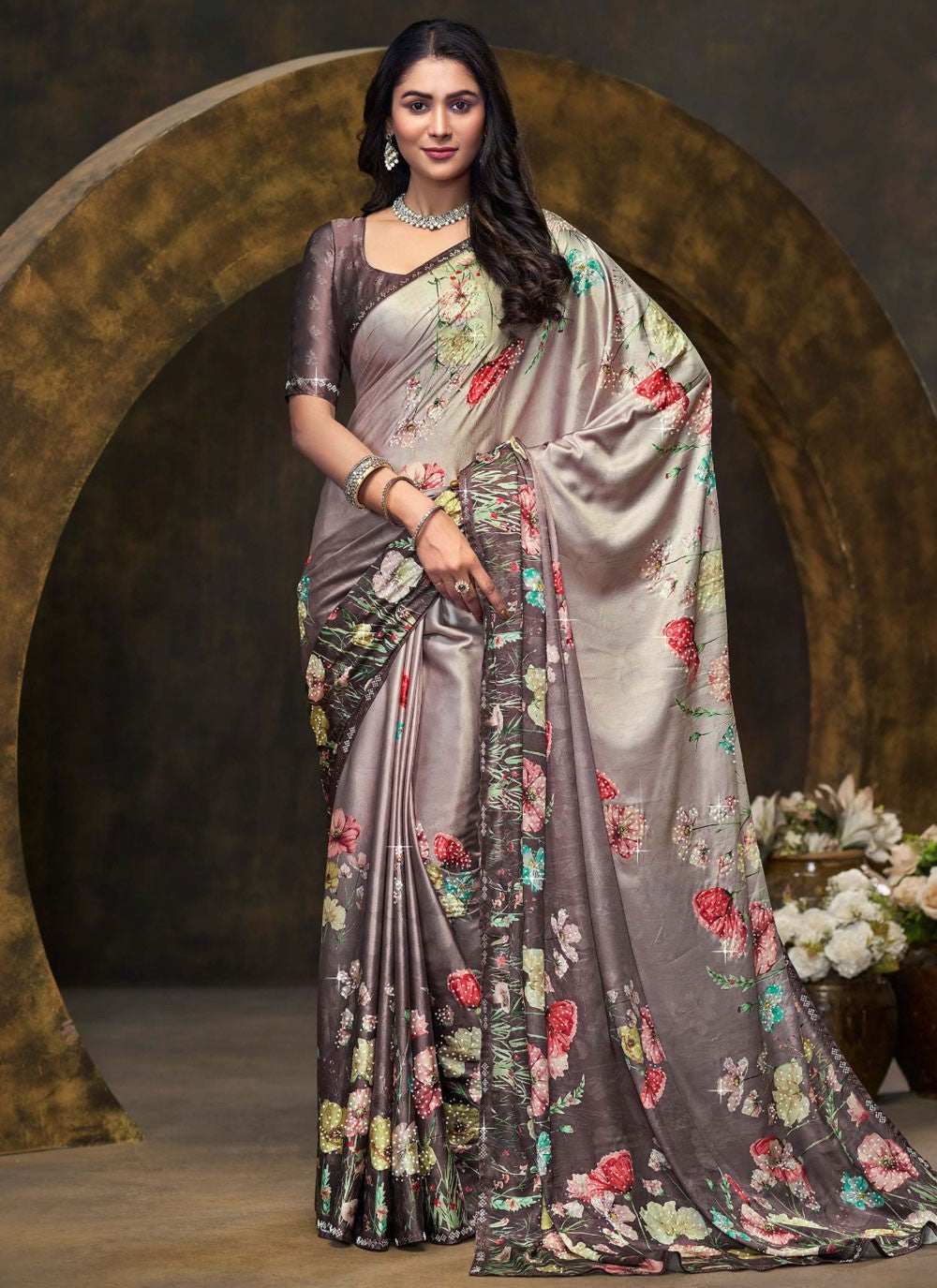 Classic Saree Digital Print Grey Satin Silk Saree S13236
