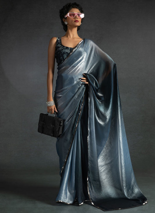 Border Work Satin Silk Blue Classic Saree S15412