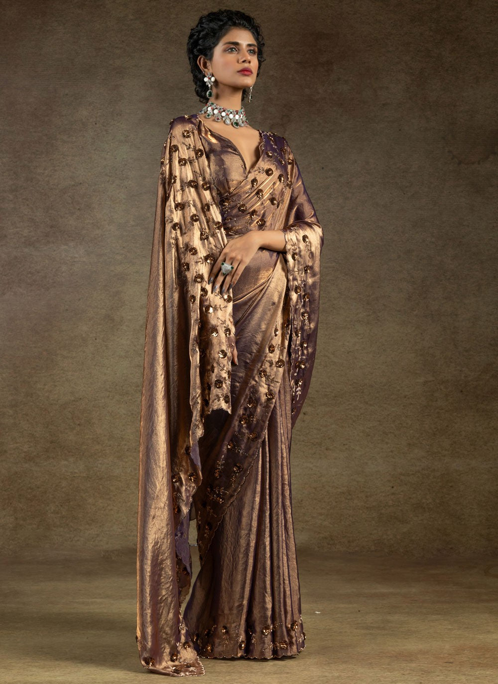 Sequins Satin Silk Brown Saree S14824