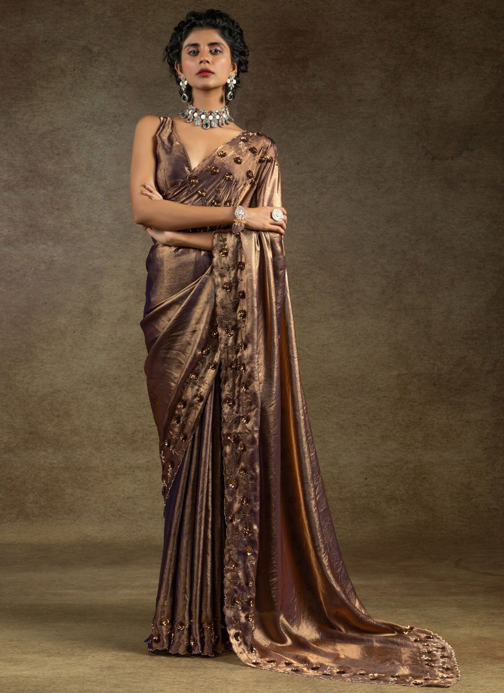 Sequins Satin Silk Brown Saree S14824